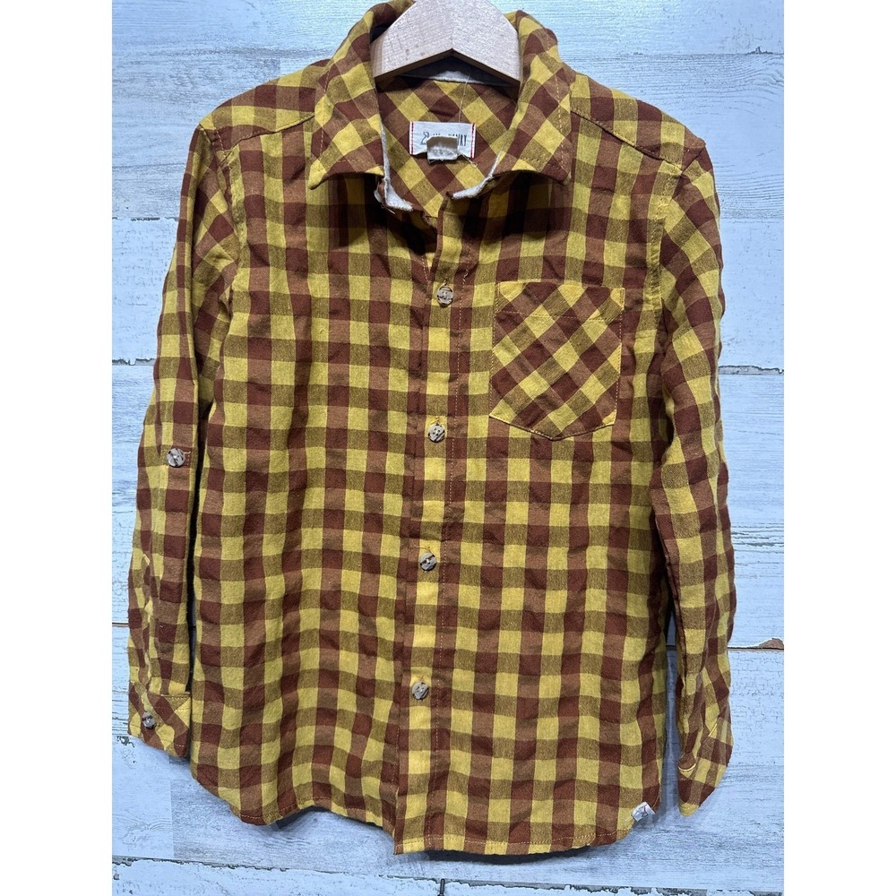 Me & Henry Button Down Shirt Boys 6/7 Yellow Brown Gingham Plaid EUC‎